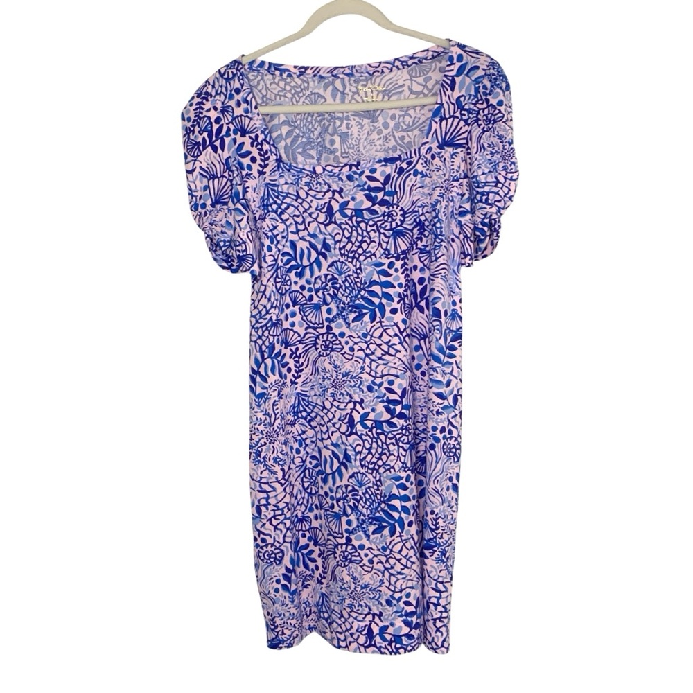 Lilly Pulitzer Blue & Pink Medium Haydn Puff Sleeve Ocean Print Shirt Dress